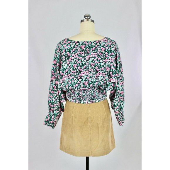 ZARA Green Pink Floral Print Cropped Smocked Puff Sleeve Blouse Top, Size L - Picture 4 of 8